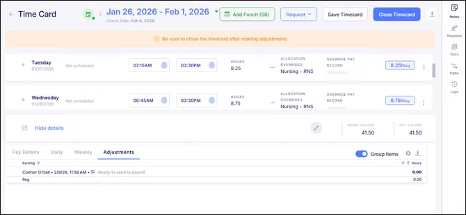 Adjustments tab Show Details