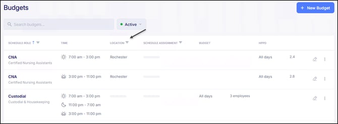 Budgets Table with Location