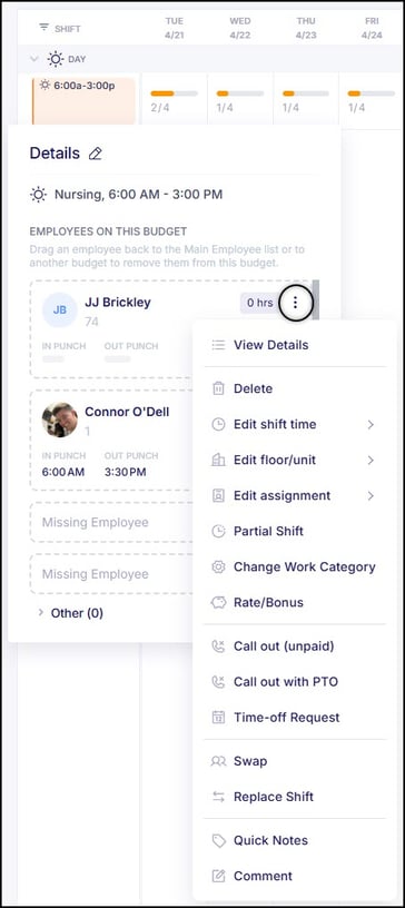 Daily View Managing Shift Options