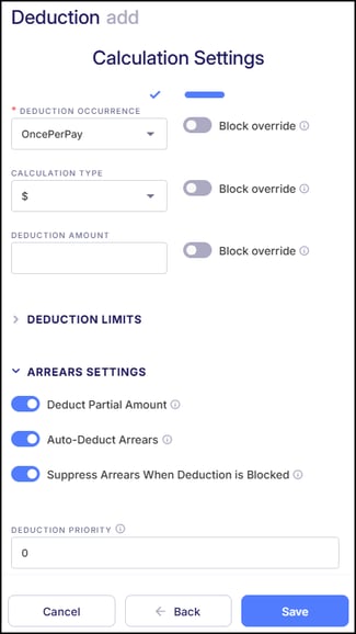 Deduction Arrears Settings