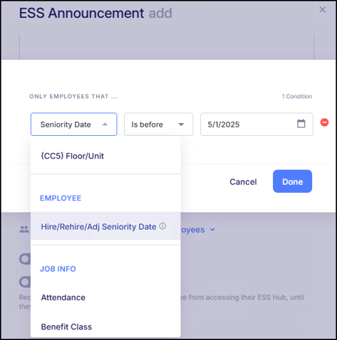 New Hire Date Filter for ESS Announcements.