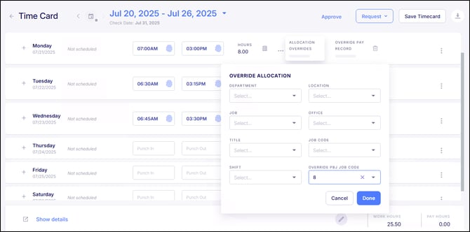 Override Job Code on Time Card