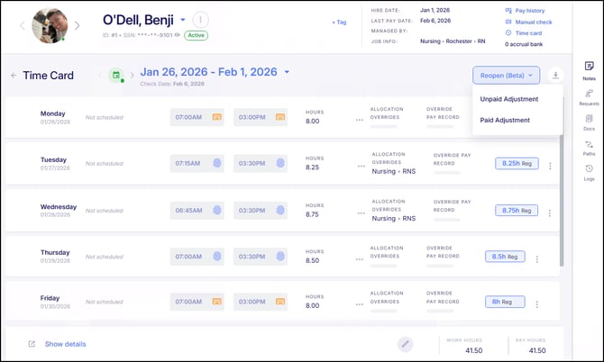 Reopen Time Card Unpaid or Paid Adjustment