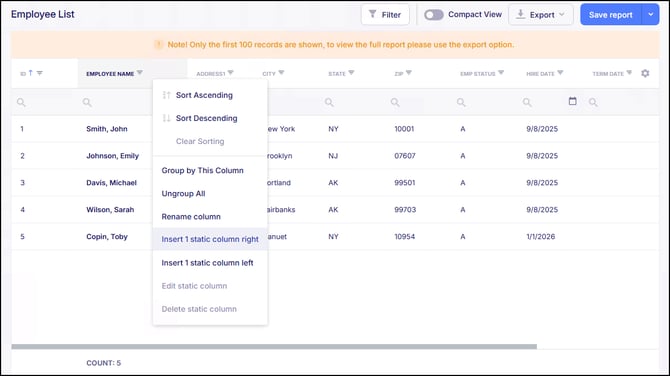 Static Column Live Reports