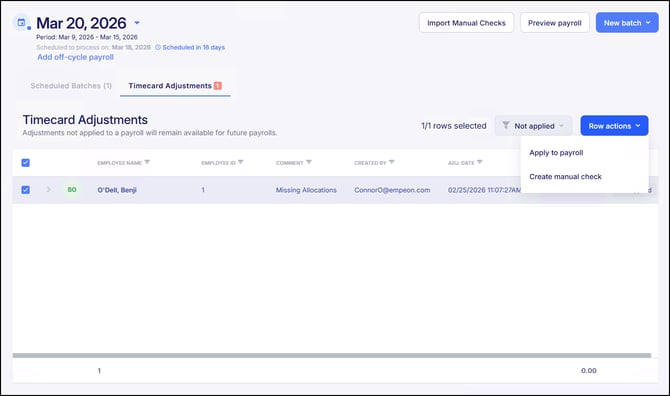 Time Card Adjustments tab