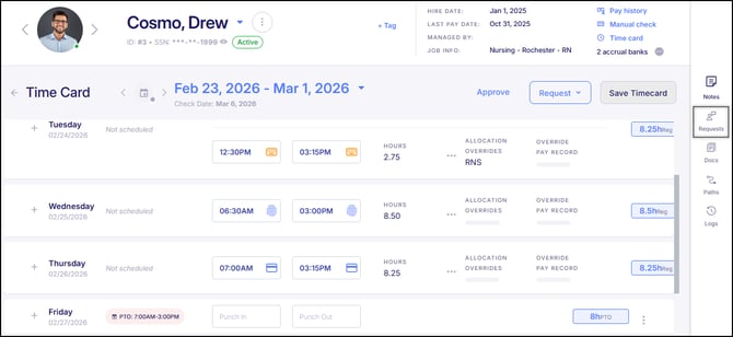 Time Card Requests Section